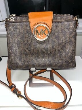 Michael Kors Brown Canvas Logo Crossbody with Tan Leather Trim